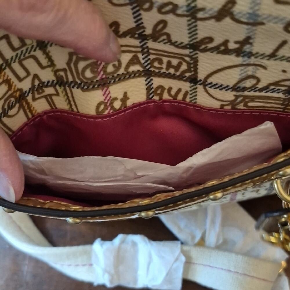 Coach Gold Tattersall With Script Logo Crossbody Bag in Cream and Gold Accents - Picture 9 of 16